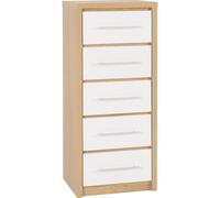 Seconique Seville 5 Drawer Narrow Chest in White Gloss/Light Oak