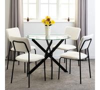 Sheldon Round Clear Glass Top Dining Set with 4 Ivory Boucle Fabric Chairs