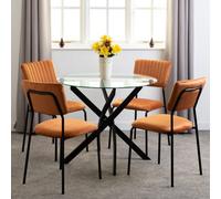Seconique Sheldon Round Clear Glass Top Dining Set With 4 Orange Fabric Chairs