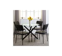 Sheldon Round Clear Glass Top Dining Set with 4 Boucle Grey Fabric Chairs