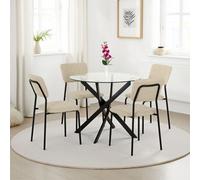 Seconique Sheldon Round Glass Top Dining Set (X4 Chairs) - Clear Glass/beige Fabric