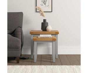 Seconique Windsor Nest Of 2 Tables Pebble Grey With Real Oak Tops Fully Assembled