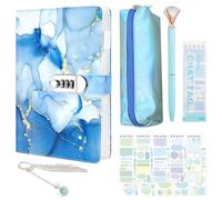 Secret Diary for Girls - A5 PU Leather Journal Notebook with Lock Stickers Pencil Case, Gifts for Girls 7 8 9 10 11 12 13 14 Years Old, Password Locked Journals Blue Back to School Stationery Set
