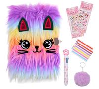Secret Diary with Lock for Girls, Plush Cat Journal Notebook Set Cat Lockable Diary with Pompoms Keychain, Multicolored Pen, Diamond Stickers Gift for 6-12 Year Old Girls Birthday Presents