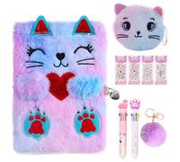 Secret Diary with Lock for Girls, Plush Cat Journal Notebook Set Cat Lockable Diary with Pompoms Keychain, Multicolored Pen, Diamond Stickers Gift for 6-12 Year Old Girls Birthday Presents
