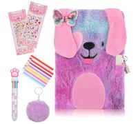 Secret Diary with Lock for Girls, Plush Dog Journal Notebook Set Dog Lockable Diary with Pompoms Keychain, Multicolored Pen, Diamond Stickers Gift for 6-12 Year Old Girls and Boys Birthday Presents