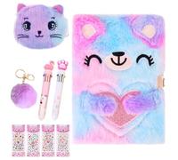Secret Diary with Lock for Girls, Plush Little Bear Journal Notebook Set Bear Lockable Diary with Pompoms Keychain, Multicolored Pen, Diamond Stickers Gift for 6-12 Year Old Girls Birthday Presents