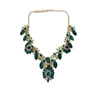 Secret for Longevity Gold Tone Antique Style Art Deco Dark Hunter Forest Green Emerald Peridot Clear Rhinestone Wedding Bridal Prom Chunky Statement Necklace