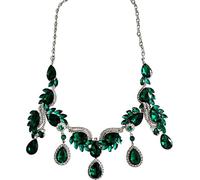 Secret for Longevity Silve Tone Antique Style Art Deco Dark Hunter Ivy Forest Green Emerald Rhinestone Wedding Bridal Prom Chunky Statement Choker Necklace
