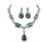 Secret for Longevity Silver Tone Antique Retro Style Art Deco Gatsby Dark Hunter Forest Green Emerald Rhinestone Statement Wedding Bridal Prom Chunky Statement Earrings Necklace Gift Set