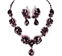 Secret for Longevity Silver Tone Antique Style Art Deco Dark Amethyst Purple Eggplant Rhinestone Statement Wedding Bridal Prom Chunky Statement Earrings Necklace Gift Set