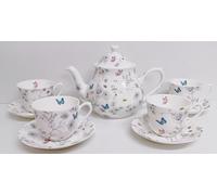 Secret Garden Tea Set 9 Piece Fine Bone China Flowers Butterflies Bees 35oz 1 Litre Teapot & 4 Cups and 4 Saucers Hand Decorated in UK
