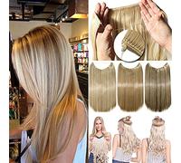 Secret Headband Wire in Natural Hair Extensions Rubber Band Straight Curly Wavy Hairpieces Brown Blonde Ombre for Women 20" Curly - Dark brown mix silver grey