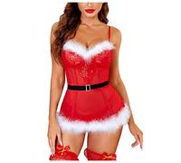 Secret Santa Gifts Chemises & Negligees Christmas Outfits for Women Sexy Santa Babydoll Underwear Female Sexy Mrs Claus Costume Women Naughty Sexy Lingerie for Women Sets (Red, S)