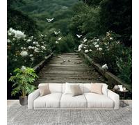 Secret Wooden Bridge with Florals Mural Wallpaper for Living Room TV Backdrop Office Hotel Wall Decoration Poster Green Wall Panoramic Mural Non-Woven Photo Wallpaper 250x175cm