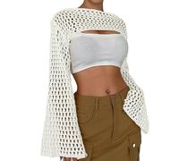 SECRETEYARD Womens Cropped Sweater Crochet Knit Crop Tops See Through Y2k Knit Sweater Beach Cover Ups, Off-White, XL