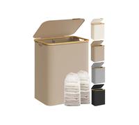 SONGMICS Laundry Basket with Lid, 2-Section Large Laundry Hamper, 130 L, Removable Mesh Liner, Oxford Fabric, Bamboo Handles, Collapsible, 52 x 38.5 x 70.5 cm, Camel Brown LCB513LJ01