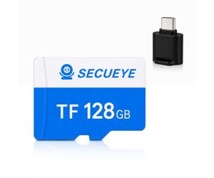 SECUEYE 2-in-1 Universal Type C TF Card Reader Set Fat32 High Speed Reading/Writing 24/7 Video Recording for Security Camera Smartphone Tablet and More (128GB + Card Reader)