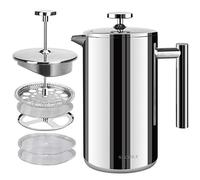 Secura Cafetière French Press Coffee Maker, Stainless Steel Insulated Coffee Press with 3-Layered Stainless Steel Filter Structure, Included 2 Extra Screens, 1.5 Litre, Silver