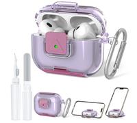 Secure Lock Case for AirPods Pro 2 with Phone Stand, QINZAC Soft Clear TPU Shockproof Protective Cover for Airpods Pro 2nd/1st Generation Accessories with Cleaning Pen & Keychain (Clear Purple)