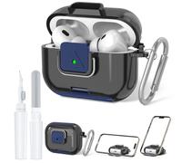 Secure Lock Case for AirPods Pro 2 with Phone Stand, QINZAC Soft Clear TPU Shockproof Protective Cover for Airpods Pro 2nd/1st Generation Accessories with Cleaning Pen & Keychain (Black)