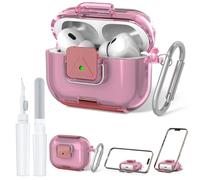 Secure Lock Case for AirPods Pro 2 with Phone Stand, QINZAC Soft Clear TPU Shockproof Protective Cover for Airpods Pro 2nd/1st Generation Accessories with Cleaning Pen & Keychain (Clear Pink)