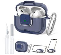 Secure Lock Case for AirPods Pro 2 with Phone Stand, QINZAC Soft Clear TPU Shockproof Protective Cover for Airpods Pro 2nd/1st Generation Accessories with Cleaning Pen & Keychain (Dark Blue)