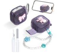 [Secure Lock] Clear TPU Case with 3D Bow Compatible with Samsung Galaxy Buds 4 Pro/Buds 4 (2026), Shockproof Protector case Cover with Phone Stand, Carabiner，Keychain and Cleaning Kit (Clear Purple)