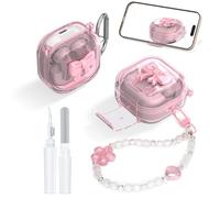 [Secure Lock] Clear TPU Case with 3D Bow Compatible with Samsung Galaxy Buds 4 Pro/Buds 4 (2026), Shockproof Protector case Cover with Phone Stand, Carabiner，Keychain and Cleaning Kit (Clear Pink)