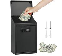 Secure Metal Donation Box with Combination Lock, Wall Mounted Suggestion Box for Charity, Ballot & Key Drop - Heavy Duty Steel Collection Box for Office, School & Business (Black)