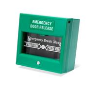 SecureMyDoor Emergency Door Release Break Glass Call Point | Green Plastic Surface Mount | Double-Pole Manual Override for Magnetic Locks Access Control | Ideal for Commercial & Residential Buildings