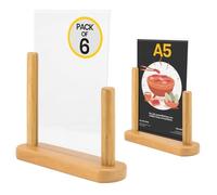 Securit Pack of 6 Table poster frame - Lacquered Hard Wood Finish - Removable Transparent Sign Holder - A5- Teak