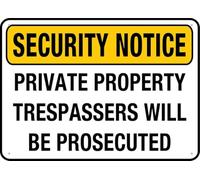 Security Notice Private Property Trespassers Will Be Prosecuted Warning Metal Sign Tin Signs Aluminum Sign For Outdoors Use Yard Farm Fence Home Wall Decor 12x16 Inch
