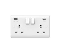 Securlec double USB wall socket in white - switched double plug socket - USB A + C charger - 13A 250V electrical wall socket -2 gang curved edge socket.
