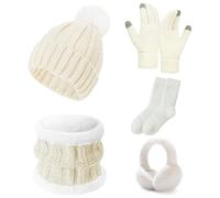 SEDEX Knitted Hat and Scarf Set 5 PCS Winter Cold Weather Set, Ski Outing Set Plush Ear Warmers Beanie Hat Scarf Touch Screen Gloves Women Thermal Socks for Skiing Outdoor Sports