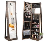 Sedol 3-in-1 Mirrored Jewellery Armoire - Freestanding Storage Cabinet with LED Lights, Display Shelves & Lockable Door - Large Organiser for Earrings, Necklaces, Rings, Makeup, Bedroom (Brown)