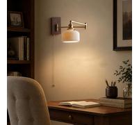 Sedtonmu Vintage Swing Arm Wall Light with Pull Cord, Solid Wood, Metal and Ceramic Wall Lamp for Bedrooms, Reading Corners and Studies, Warm-Toned E27 LED Bulb Included,Ø14×H15cm