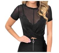 See Short Up Top Attractive Women Through Blouse Sleeve Tie Short Mesh Women's Blouse T-Shirt with Print, black, L