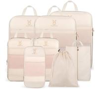 See Through Expandable Compression Packing Cubes, Mesh Travel Packing Cubes for Suitcases, Lightweight Organizers Bag Set for Travel Essentials for Luggage, Beige, 8 Set(L+M+S*2+XS+Shoe Bag+laundry