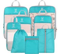 See Through Expandable Compression Packing Cubes, Mesh Travel Packing Cubes for Suitcases, Lightweight Organizers Bag Set for Travel Essentials for Luggage, Teal, 8 Set(L+M+S*2+XS+Shoe Bag+laundry