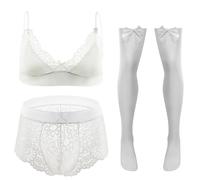 See-through Quick Dry Frilly Lace Trim Bralette for Men Bowknot Sexy Underwear for Bedroom Valentines Day White XXL 3 Piece