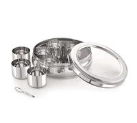 See Through Stainless Steel High Grade Spice Container 7 Containers and Small Spoon See Through Masala Box Indian Masala Dabba | Stainless Steel Spice Box Indian with Transparent Lid (Belly, Small)