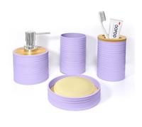 Seeatoo Bathroom Accessories Set 4 PCS, Bathroom Sets Accessories, Bamboo Bathroom Accessory Set Includes Soap Dish, Soap Dispenser, Toothbrush Holder, Toothbrush Cup, Boho Bath Decor(Light Purple)