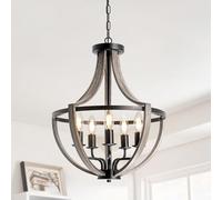 SEEBLEN 5 Light Farmhouse Chandelier Rustic Flush Mount Ceiling Light,Vintage Adjustable Height Hanging Pendant Lighting for Foyer Dining Room Hallway Entryway.Wood Grain Metal Frame.
