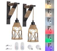 SEEBLEN Battery Operated Wall Sconce Set of Two, 12 RGB Colors Wireless Rechargeable Wall Light with Remote Control, Dimmable Farmhouse Wood Wall Lamp for Bedroom Living Room.