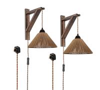 SEEBLEN Boho Plug in Wall Sconce Set of 2,Farmhouse Wall Lights for Bedroom with Rattan Shade and Wooden Arm,Rustic Hanging Lights with Plug in Cord for Bedroom Living Room Bathroom.