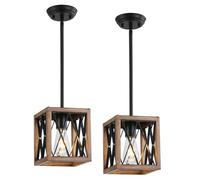 SEEBLEN Farmhouse Pendant Light, 1 Light Metal Cage Hanging with Wooden Grain Finish,Height Adjustable Kitchen,Pendant Lighting for Kitchen Island Hallway Foyer.2 Pack.