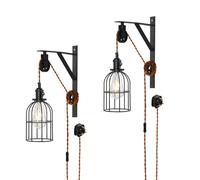 SEEBLEN Plug in Pendant Light Set of 2, Farmhouse Pulley Wall Lamp with 7-Foot Brown Plug in Cord & Switch, Industrial Hanging Lamps That Plug into Wall Outlet, Wall Sconces for Bedroom.