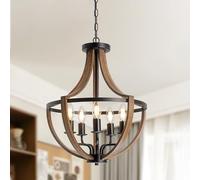 SEEBLEN Rustic Industrial 5-Light Flush Mount Chandelier - Adjustable Height Hanging Pendant Light with Wood Grain Metal Frame,Farmhouse Chandelier for Dining Room,Entryway, Foyer.