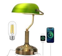 SEEDED-DESIGN Bankers Lamp with USB & Type C Charging Ports, Touch Control Green Glass Desk Lamp, 3-Way Dimmable Vintage Table Lamps for Home Office, Library, LED Bulb Included (Touch Switch)